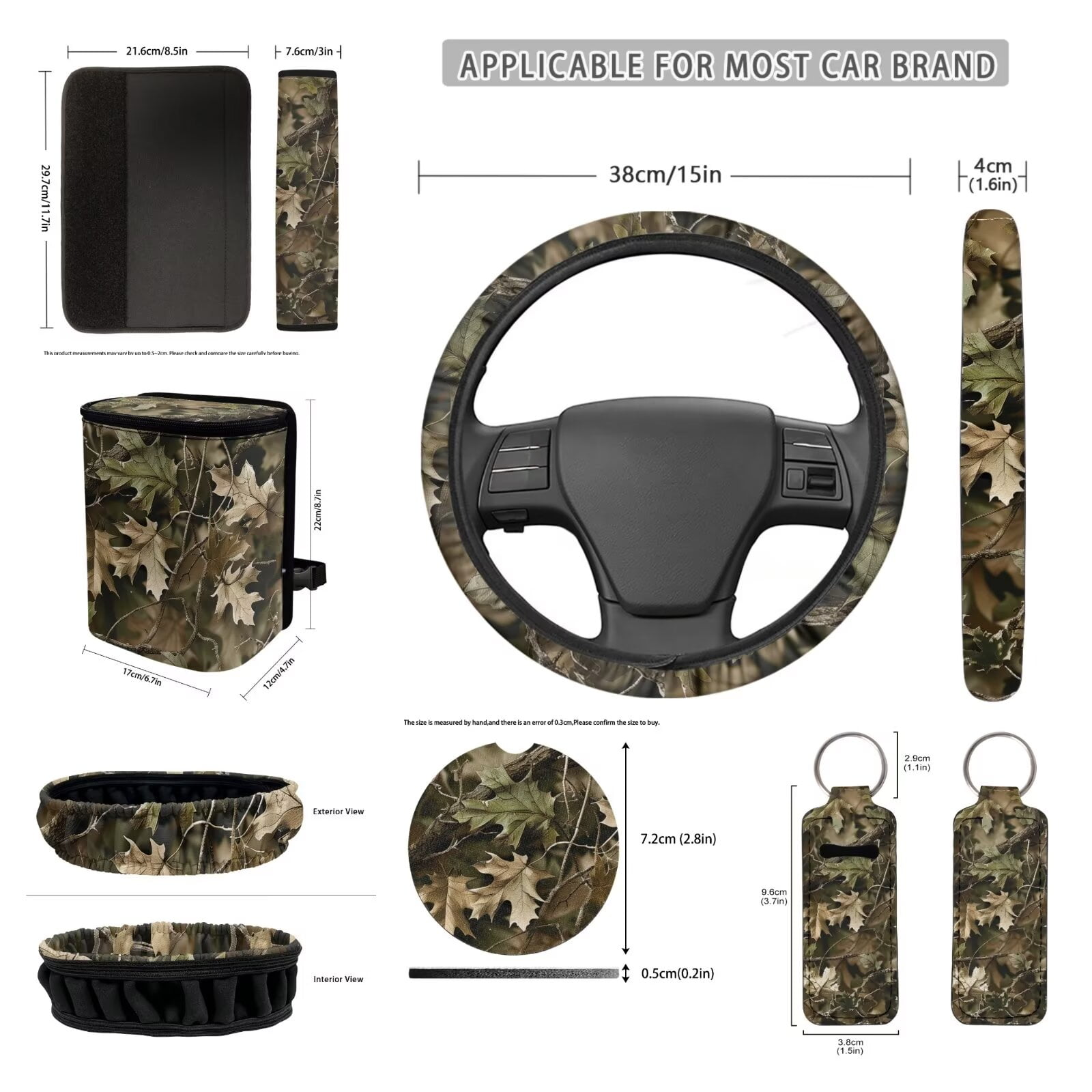 JOAIFO Universal Fit Car Seat Covers Full Set with Steering Wheel Cover Car Accessories for Women Front Rear Seat Covers Wrist Strap Seat Belt Cover for SUV Car(Leaves)