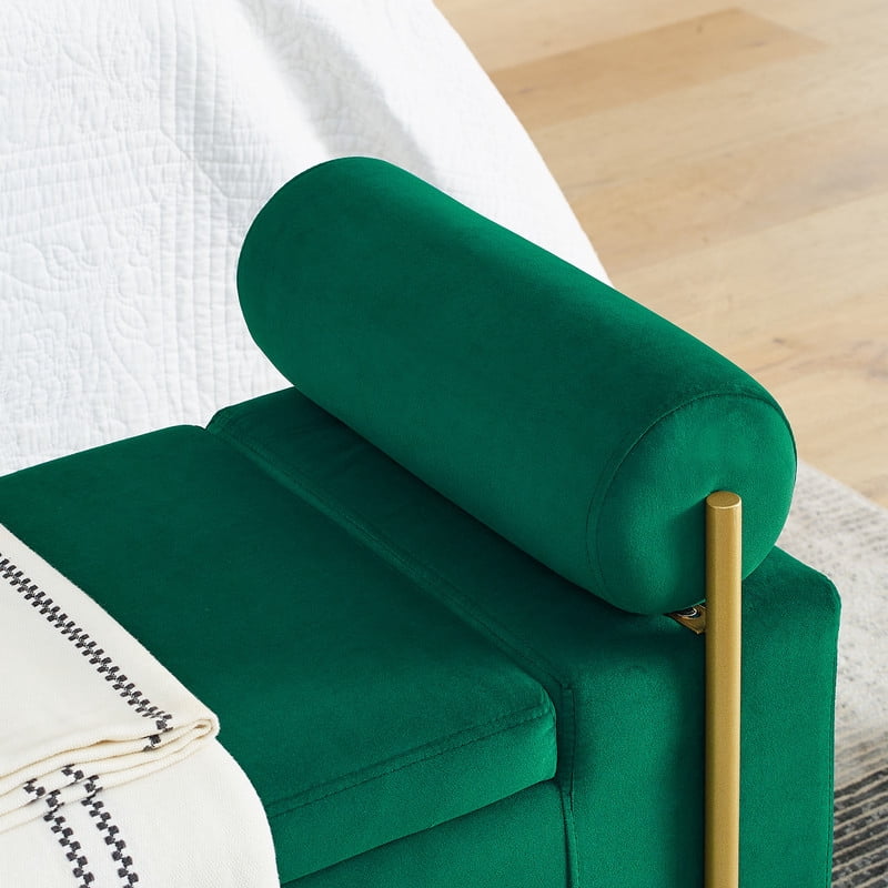 44" Upholstered Storage Bench with Arms and Hidden Storage, Bouclé Fabric Ottoman Bench with Gold Metal Legs, Modern Entryway Bedroom Bench,Green