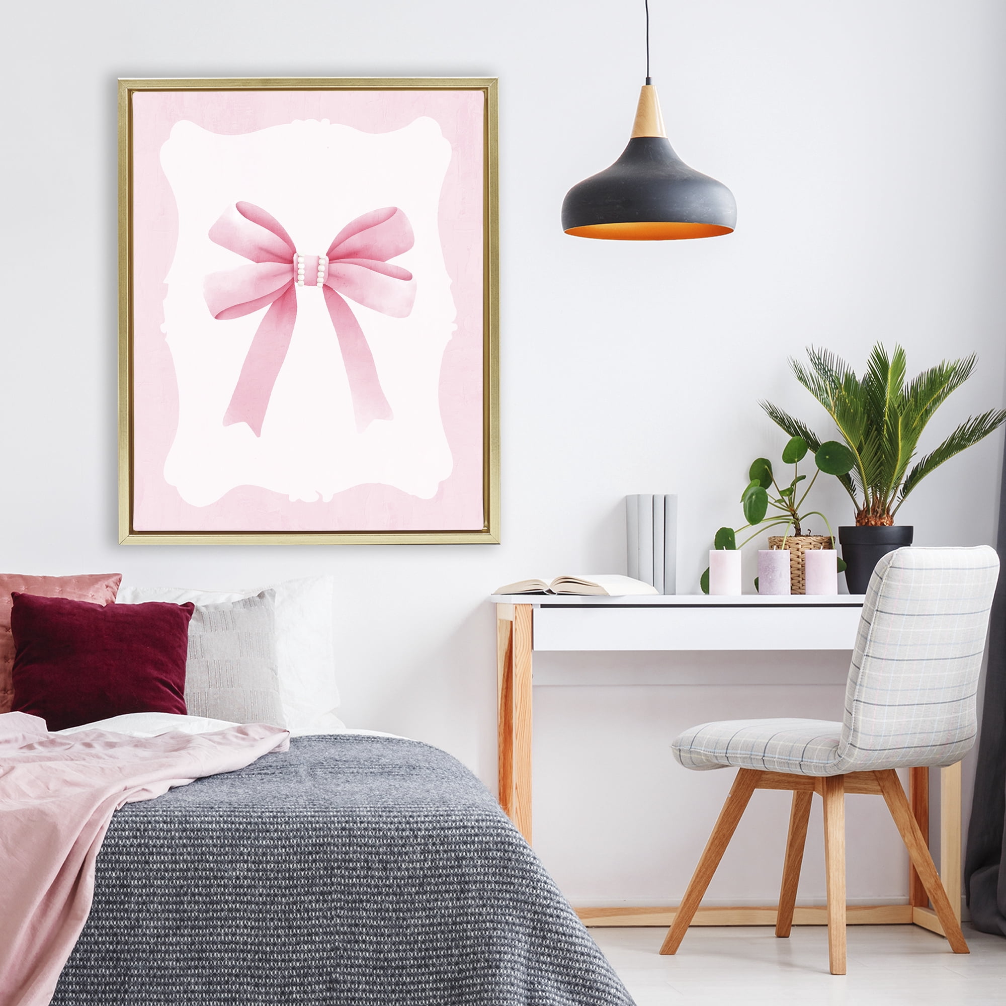 Stupell Industries Feminine Bow with Pearls Gold Framed Floater Canvas Wall Art, design by Kim Allen