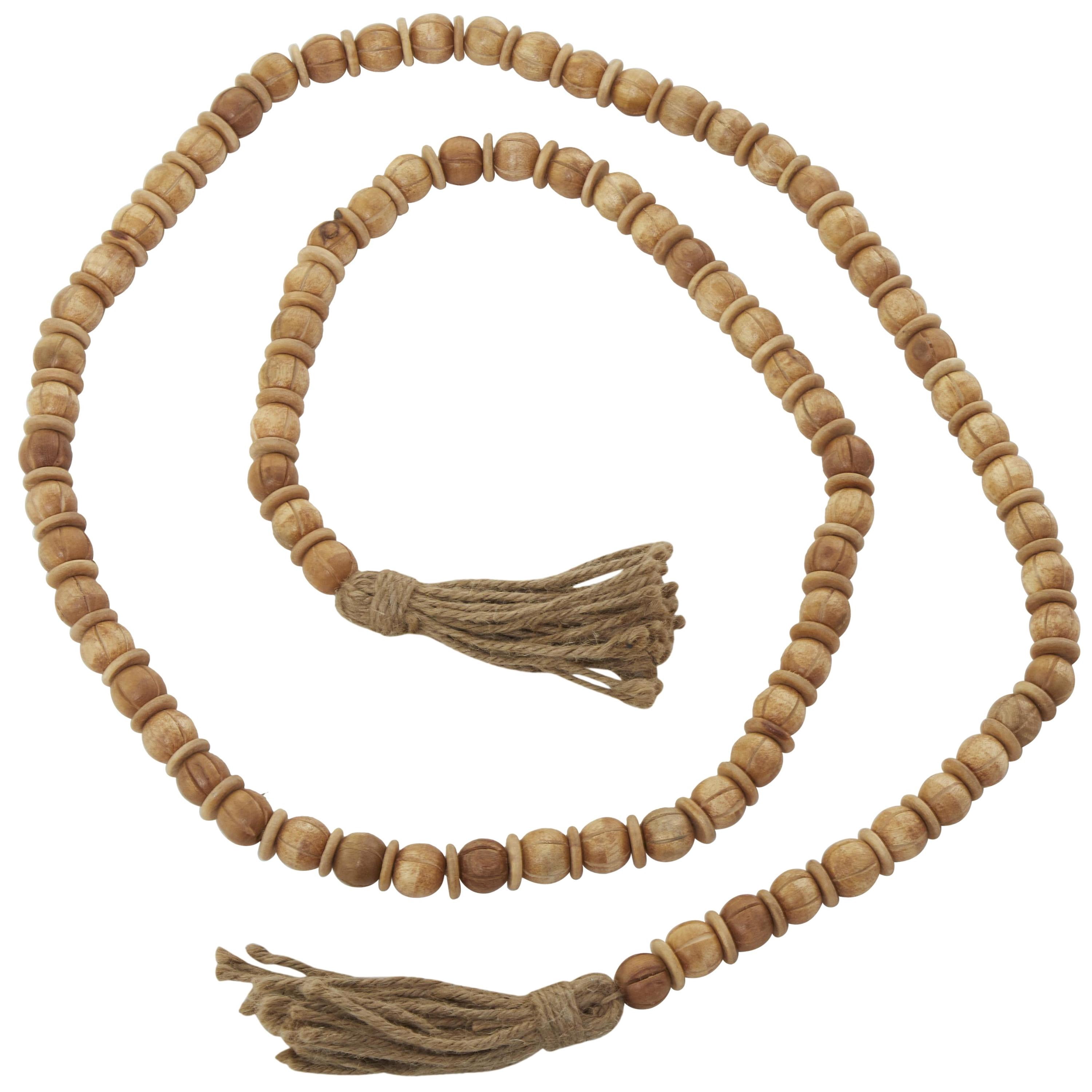 DecMode Handmade Round Long Carved Beaded Brown Mango Wood Garland with Tassel