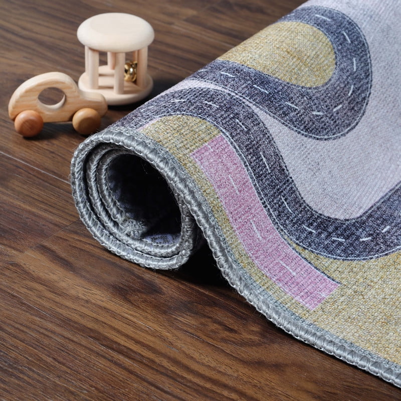 Superior Country Road Non-Slip Washable Indoor Play Rug, 5' x 5', Mossy Gold