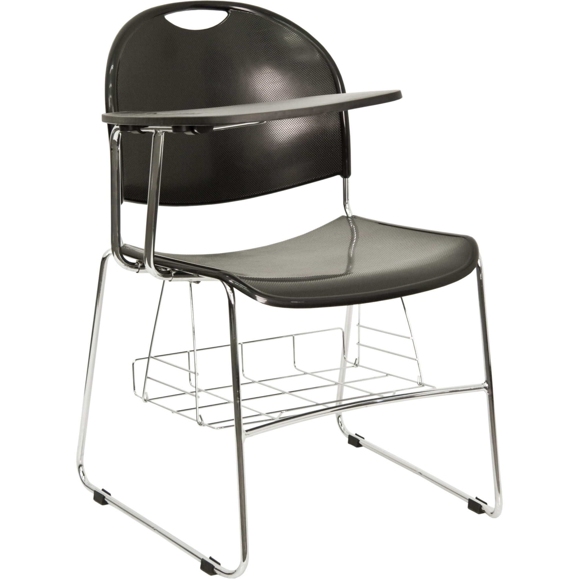 Flash Furniture Plastic Chair with RightHanded FlipUp Tablet Arm and Chrome Frame, Black