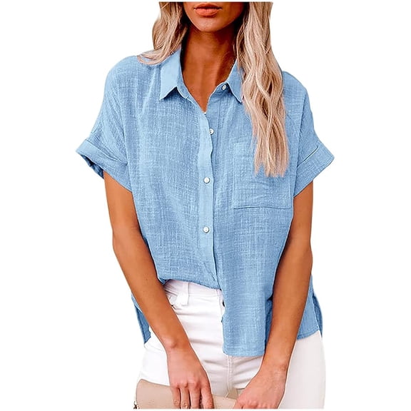 Womens Button Down Shirts Short Sleeve Linen Style Cotton Collared Button Up Casual Blouses Oversized Loose Fit Blouse Beach Office Tops