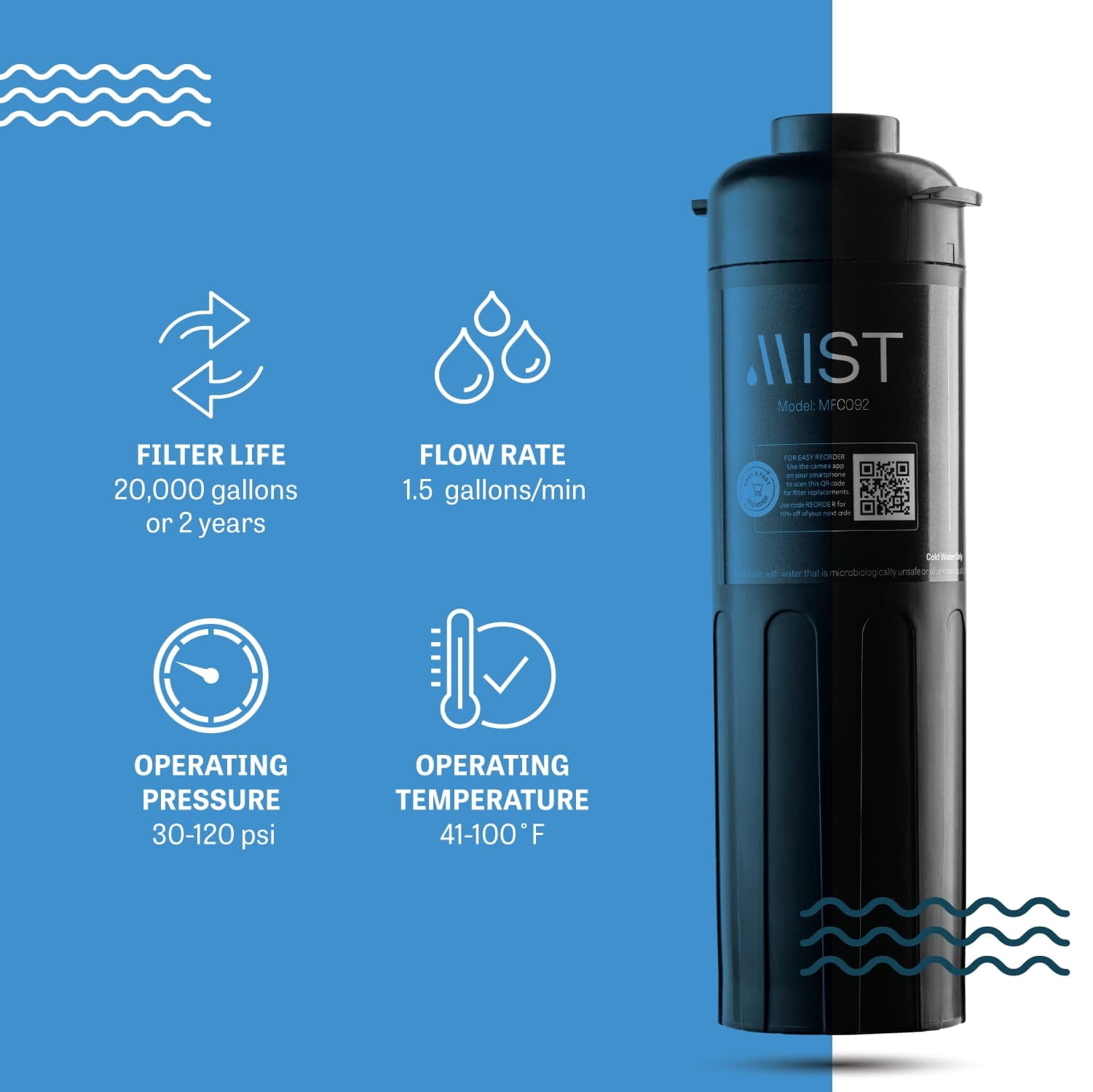 Mist Under Sink Water Filter System Replacement Filter for MFS092 , Replaces MFS092, Compatible with WFS5300A, WFC5300A,NSF/ANSI 42 Certified, 20,000 Gallon Capacity