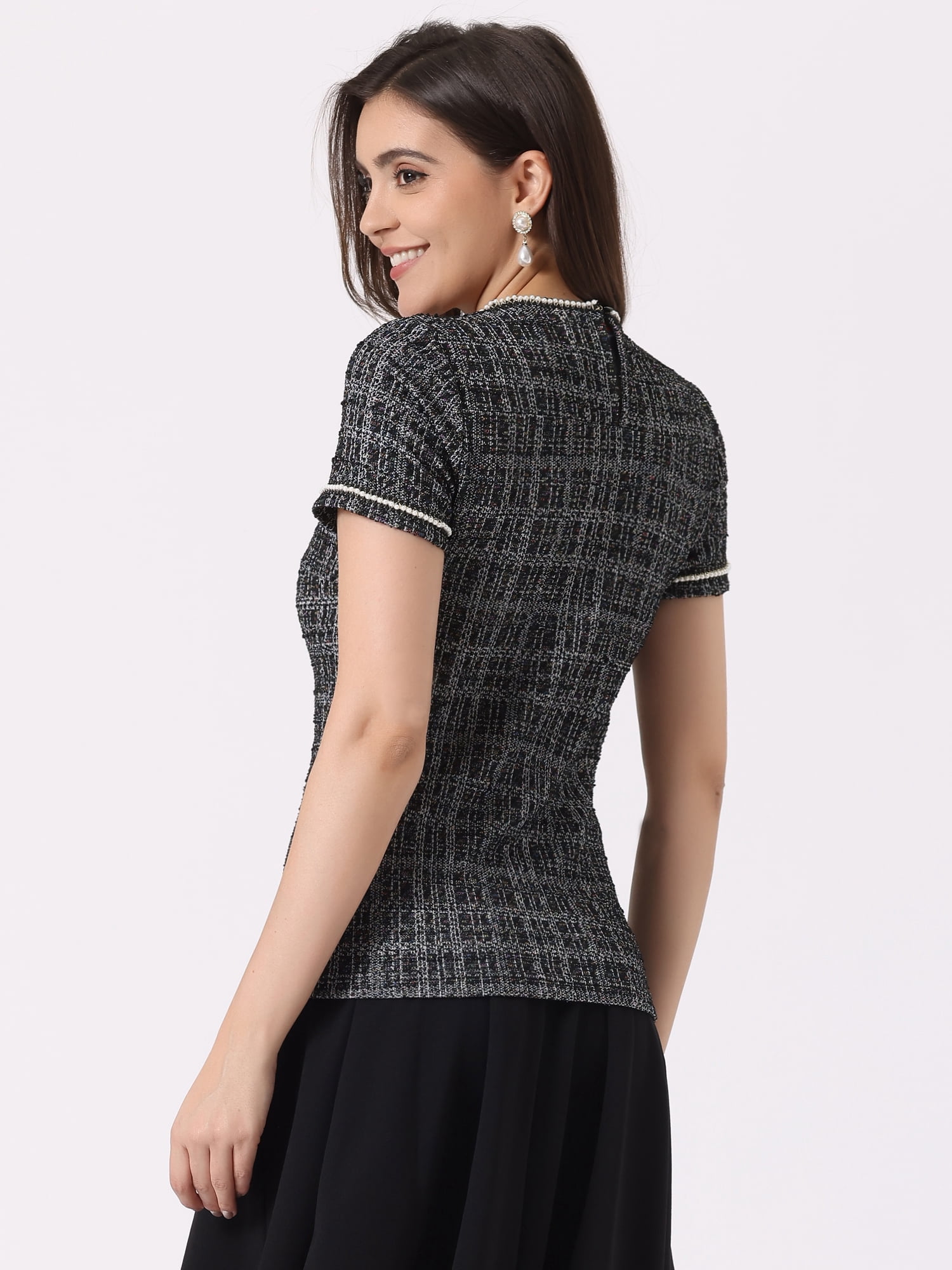 DARING DIVA Women's Round Neck Short Sleeve Tweed Top L Black White