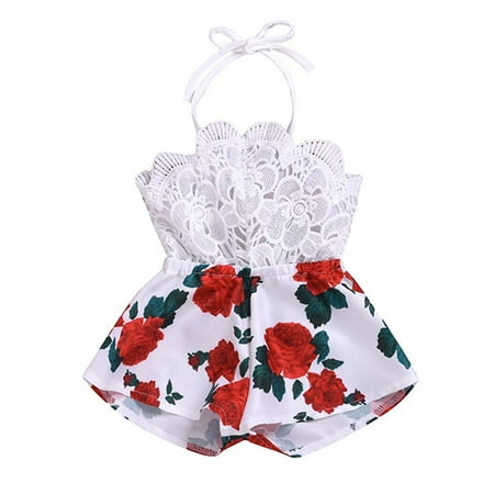 

Summer 0-3Y Infant Baby Girl Romper Sleeveless Belt Lace Flowers Print Jumpsuit Sunsuit Outfits Clothes