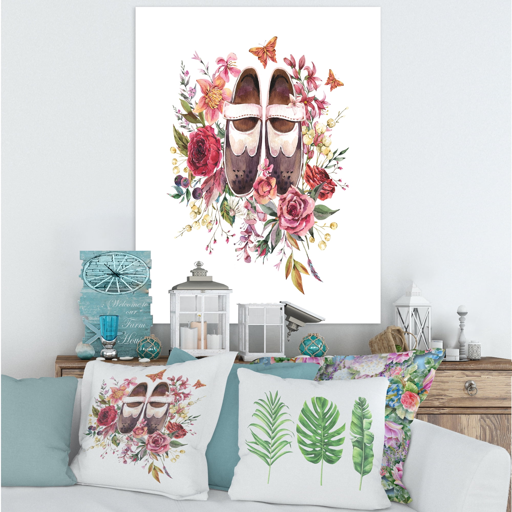 Designart ' Wildflowers With Ancient Oxford Shoes ' Farmhouse Canvas Wall Art Print
