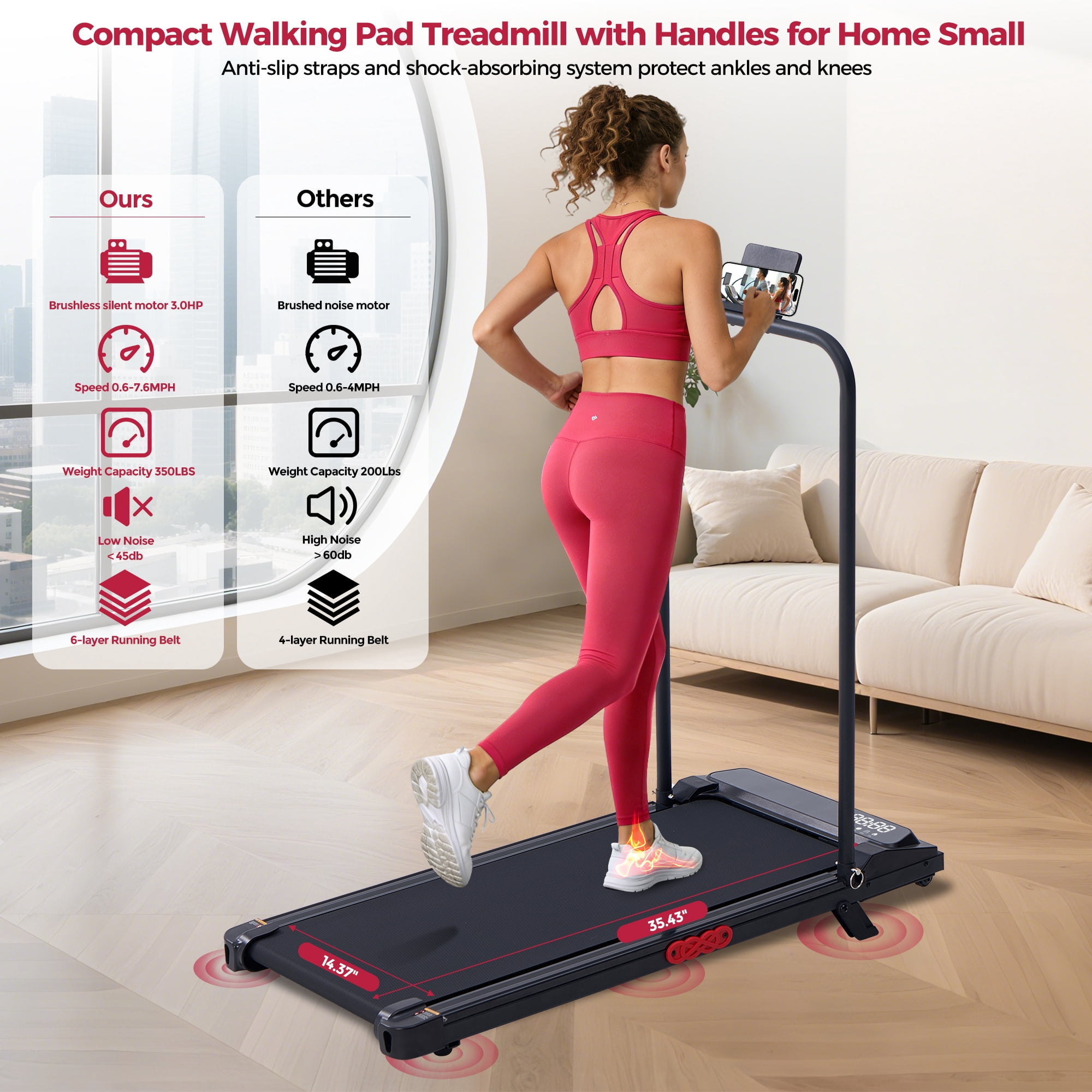 Treadmill for Home 3.0HP Folding Treamill Compact Walking Pad Treadmills with Handles Adjustable Speed, 350 lb Capacity for Office Workouts, Running,Jogging