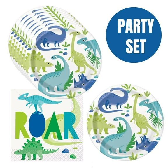 3-2-1 Party Blue & Green Dinosaur Party Set — 8 Paper Plates (8.625 in) & 16 Luncheon Napkins (2-Ply, 6.5 in) for Kids’ Birthday Decorations