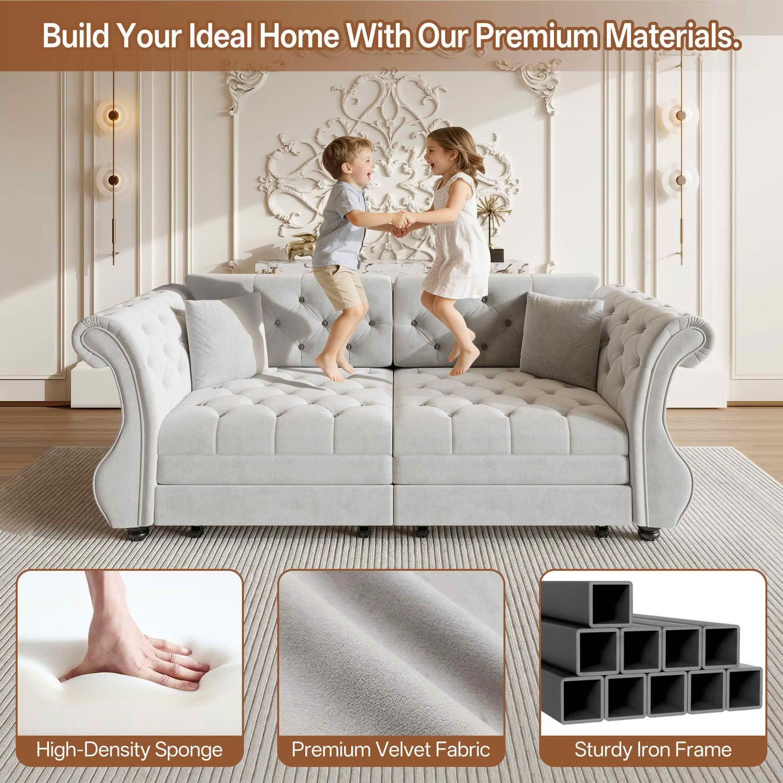 MAYEERTY 83.8" Chesterfield Pull‑Out Sofa Bed, Classic Roll‑Arm Velvet Couch with Flower Tufting, 2 Pillows Included for Living Room, Bedroom and Apartment