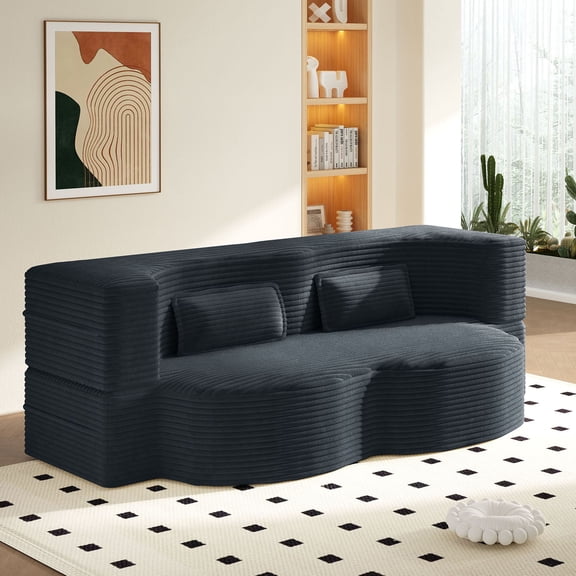 S-HOME Modern Folding Convertible  Floor Sofa with 2 Pillows , Corduroy Fabric Foam Sleeper Couch for Living Room and Playroom Use, Dark Grey
