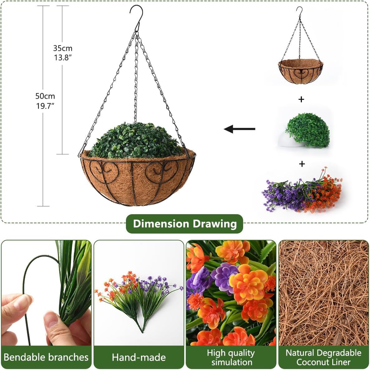 Artificial Hanging Flowers in Basket for Patio Garden Outdoor Decoration,Artificial Daisy Arrangement,Fake Plants in 12 inch Coconut Lining Basket for Outside Spring Decor(Purple Red)