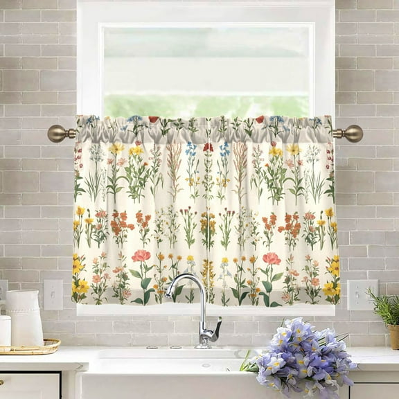 Yayeee Kitchen Curtains Tier Pair Light Filtering 27"x36" Rod Pocket Short Cafe Window Panel, Beige Wildflowers