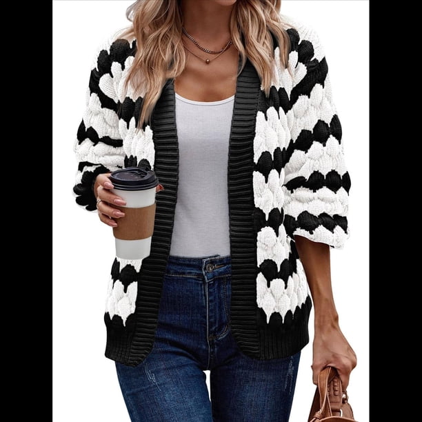 Suéter de Invierno de Punto Holgado con Rayas y Mangas Farol para Mujer, Moda de Otoño y Negro S
