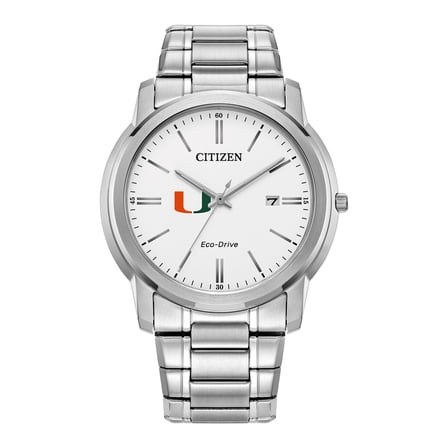Men's Citizen Watch Silver Miami Hurricanes Eco-Drive White Dial Stainless Steel Watch