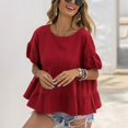 thumbnail image 3 of Corte holgado, mangas abullonadas, cuello redondo, ropa informal de uso diario para viajar, talla XL, blusa roja con espalda abierta y volantes, 3 of 8