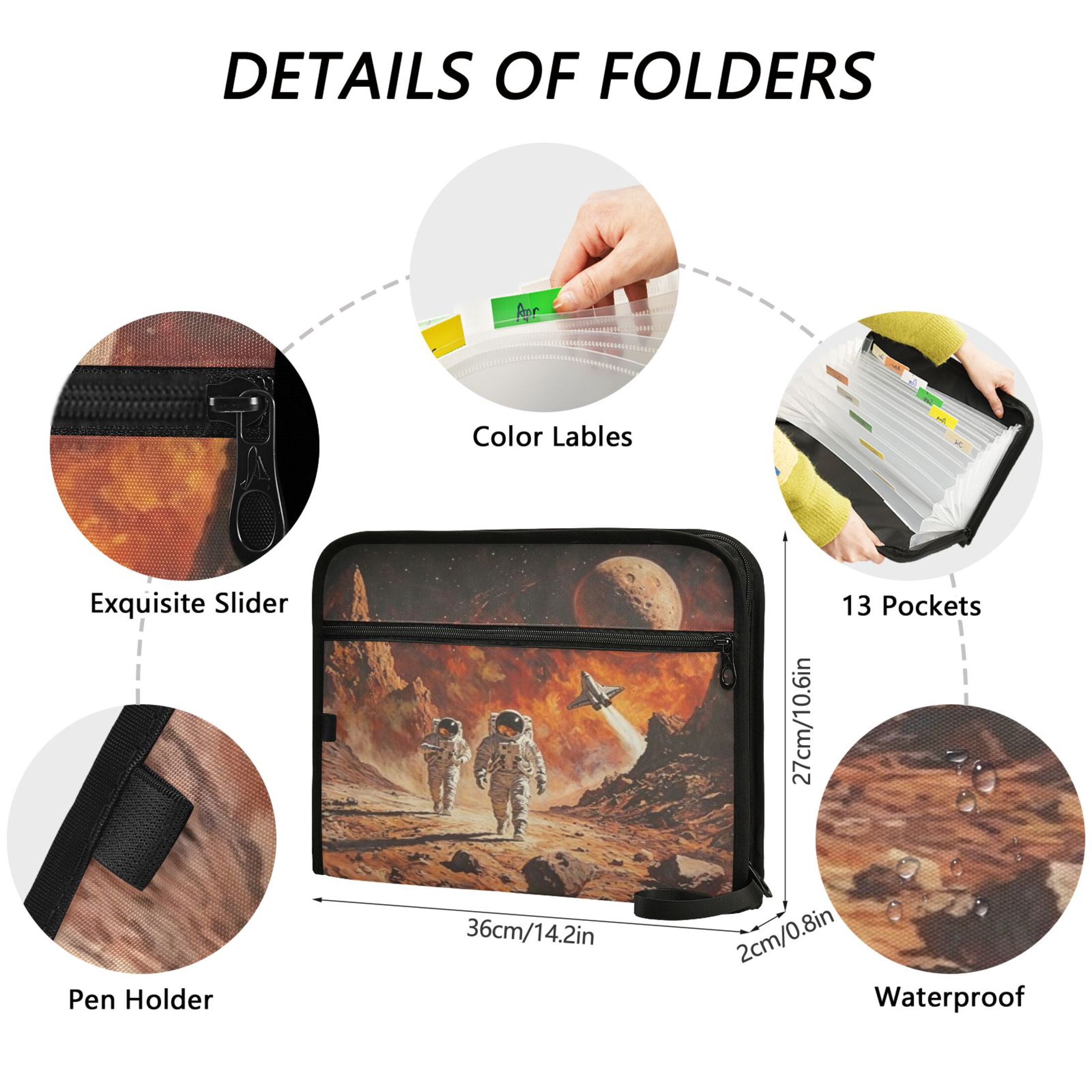 13-Pocket Expanding File Folder—Nylon Accordion File Organizer with Handwritten Labels, Mars Walk