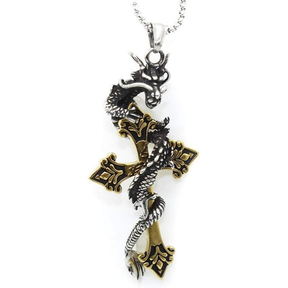 Gothic Dragon Cross Necklace For Men, Gold Dragon Sword Necklace Hip Hop Silver Dragon Cross Pendant Necklace