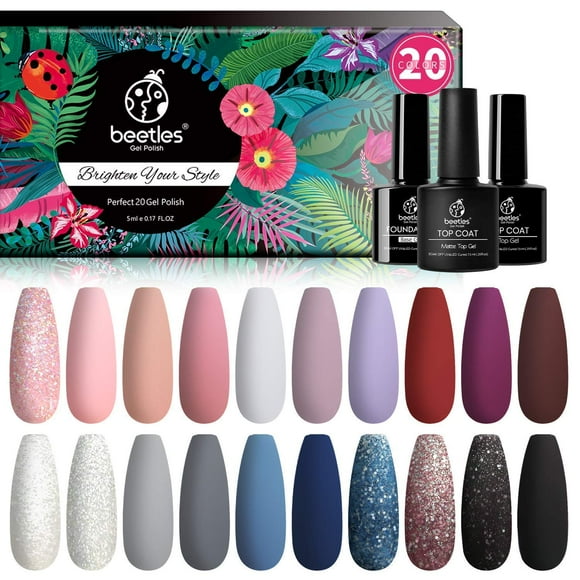 Beetles Ensemble de Vernis Gel 20 Pcs, Collection Modern Muse Lampe à Ongles Trempable Nude Gris Rose Bleu Pailleté, Trousse de Départ de Vernis Gel avec Couche de Base Gel Brillante et Mate, Cadeaux d'Ongles d'Halloween pour Femmes