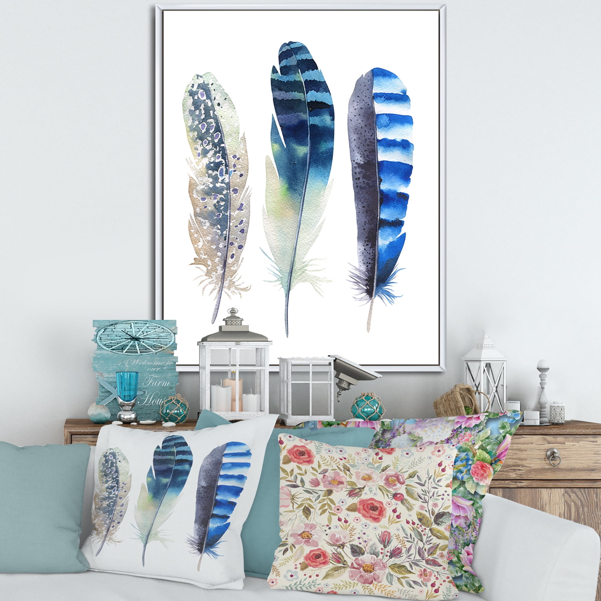 Designart 'Colourful Boho Art Feathers I' Bohemian & Eclectic Framed Canvas Wall Art Print