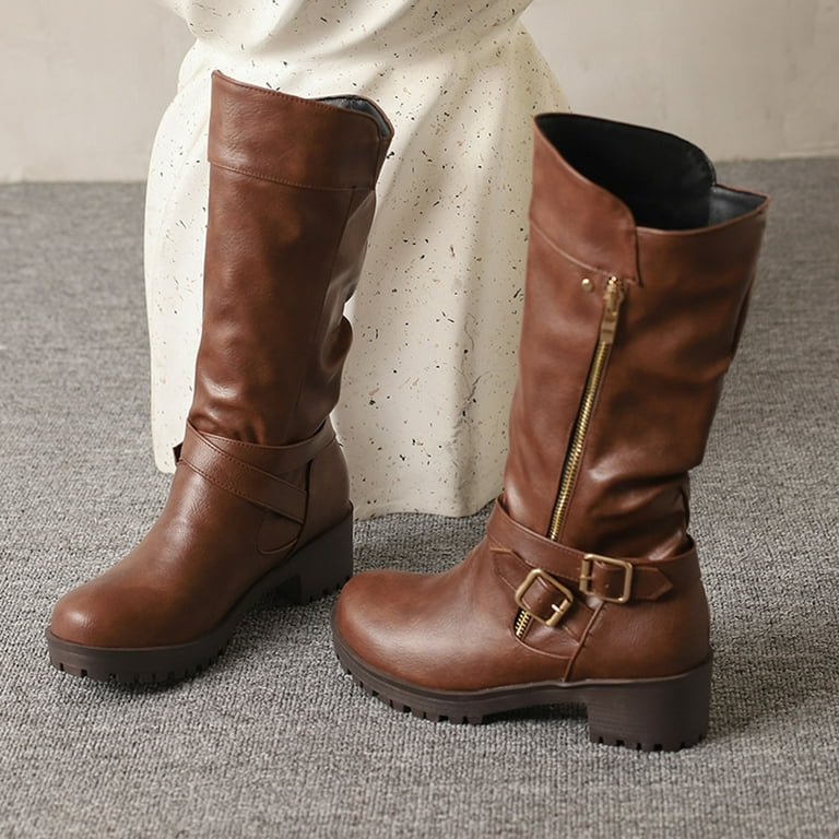 Leozcaa Women's Mid Calf Dress Boots Biker Motorcycle Riding Boots Leather  Comfort Buckle with Side Zipper - Walmart.com