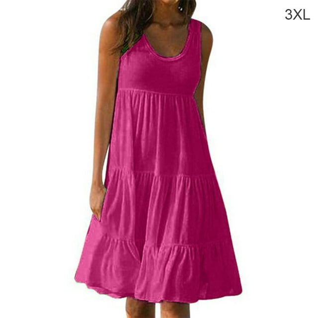 Robe Femme Col Rond Robe à Bretelles Fille Robe de Plage Sans Manches Vêtements de Plage à Bretelles pour Femmes, Rose Rouge, 3TG