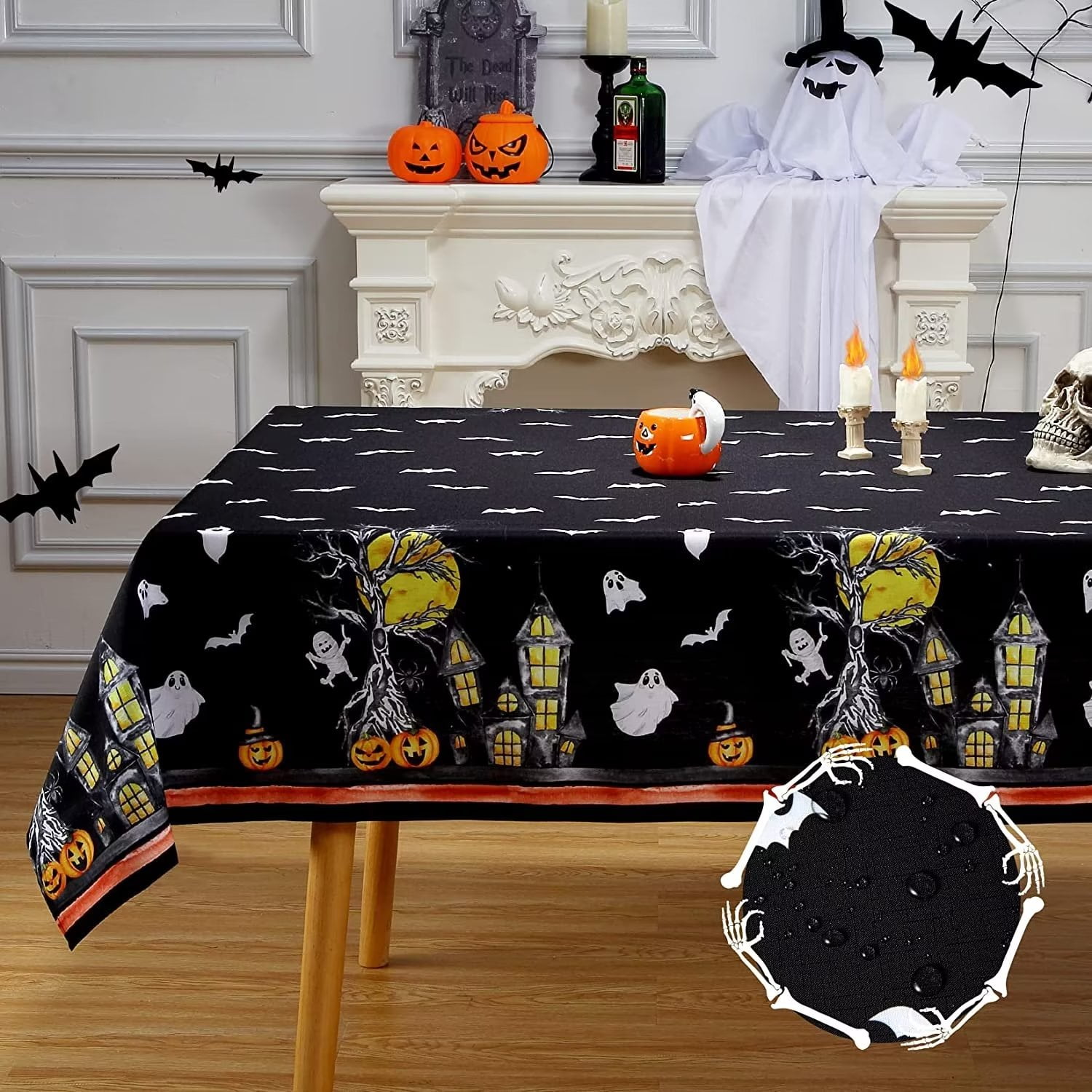 GlowSol Rectangle Table Cloth Halloween Ghost Castle Pumpkin Waterproof