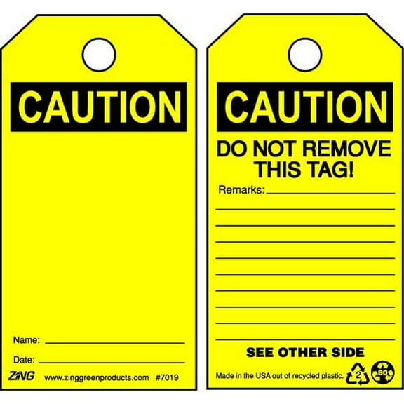 Zing Caution Tag, Caution, 5 3/4 in H x 3 in W, Yellow, Rectangle, 10 PK 7019