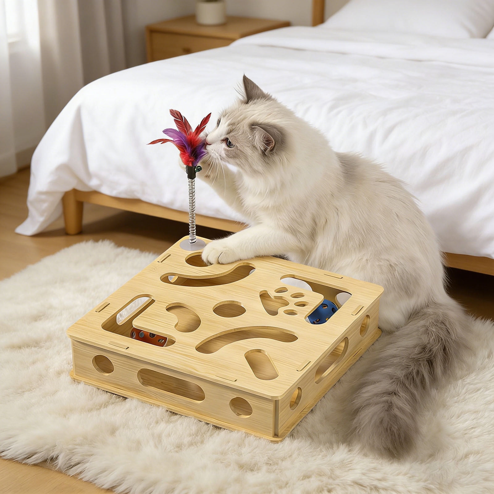 COM1950s Interactive Cat Puzzle Toy Box with Balls and Teaser Wand,Mental Stimulation Game for Indoor Cats To Dig and Explore,Durable Wooden Activity Center with Bell and Suction Cup