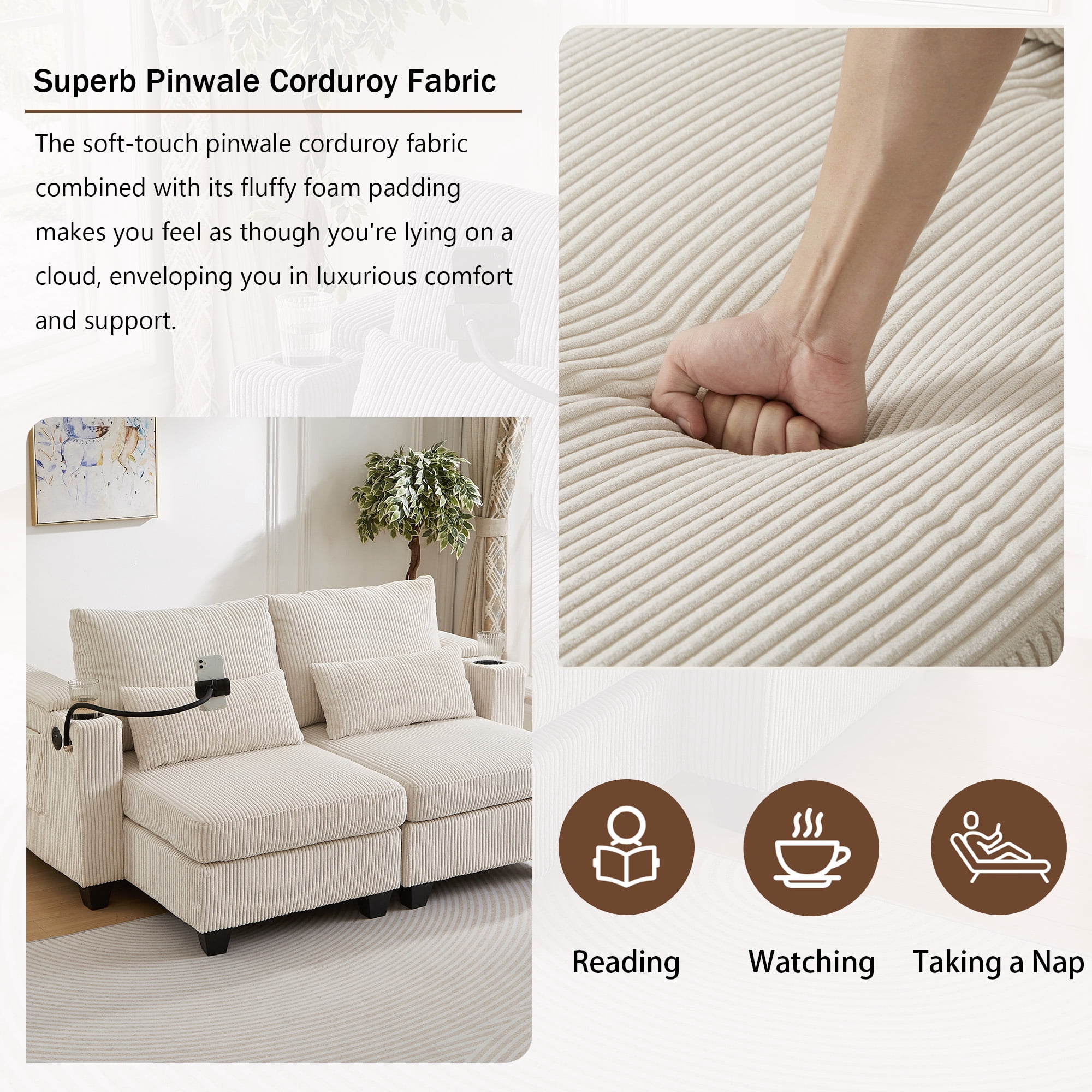 63" Corduroy Convertible Chaise Lounge Loveseat with Storage, USB Ports & Lumbar Pillows