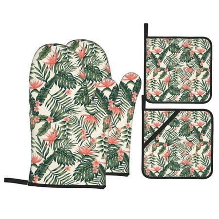 

Oven Mitts and Pot Holders Sets 4 pcs - Palm Trees and Tropical Heat Resistant Silicone Oven Gloves with Non-Slip Silicone Surface and hot pads for kitchen Baking Cooking BBQ