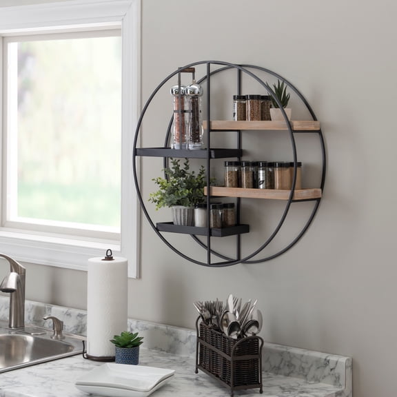 Linon Lester Round 4-Shelf Wall Storage, Black Iron Frame with Gray Wash Finish