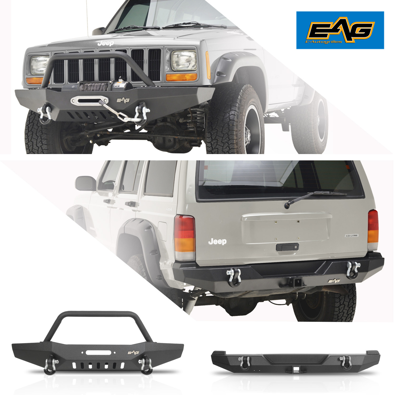 EAG Steel Front+Rear Bumper with Hitch Receiver and Drings Fit for