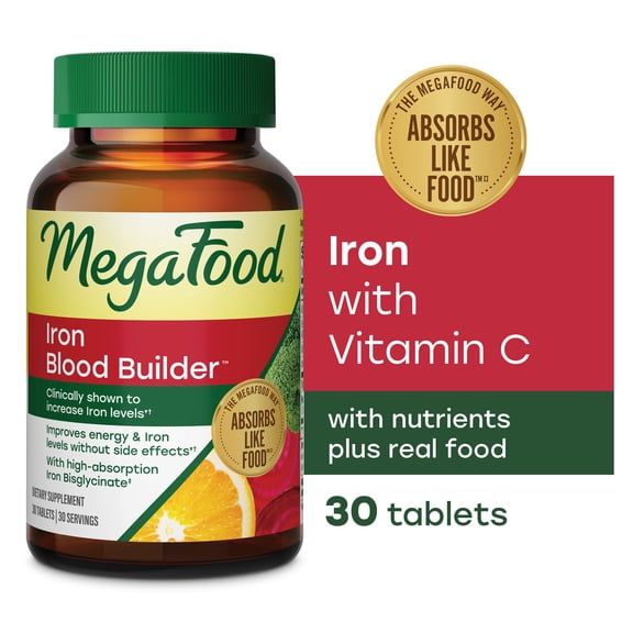 MegaFood Blood Builder Iron Supplement for Women, Vitamin C & B12, Folic Acid, Vegan, Non-GMO, Improves Energy Levels, 30 Tablets, 30 Servings