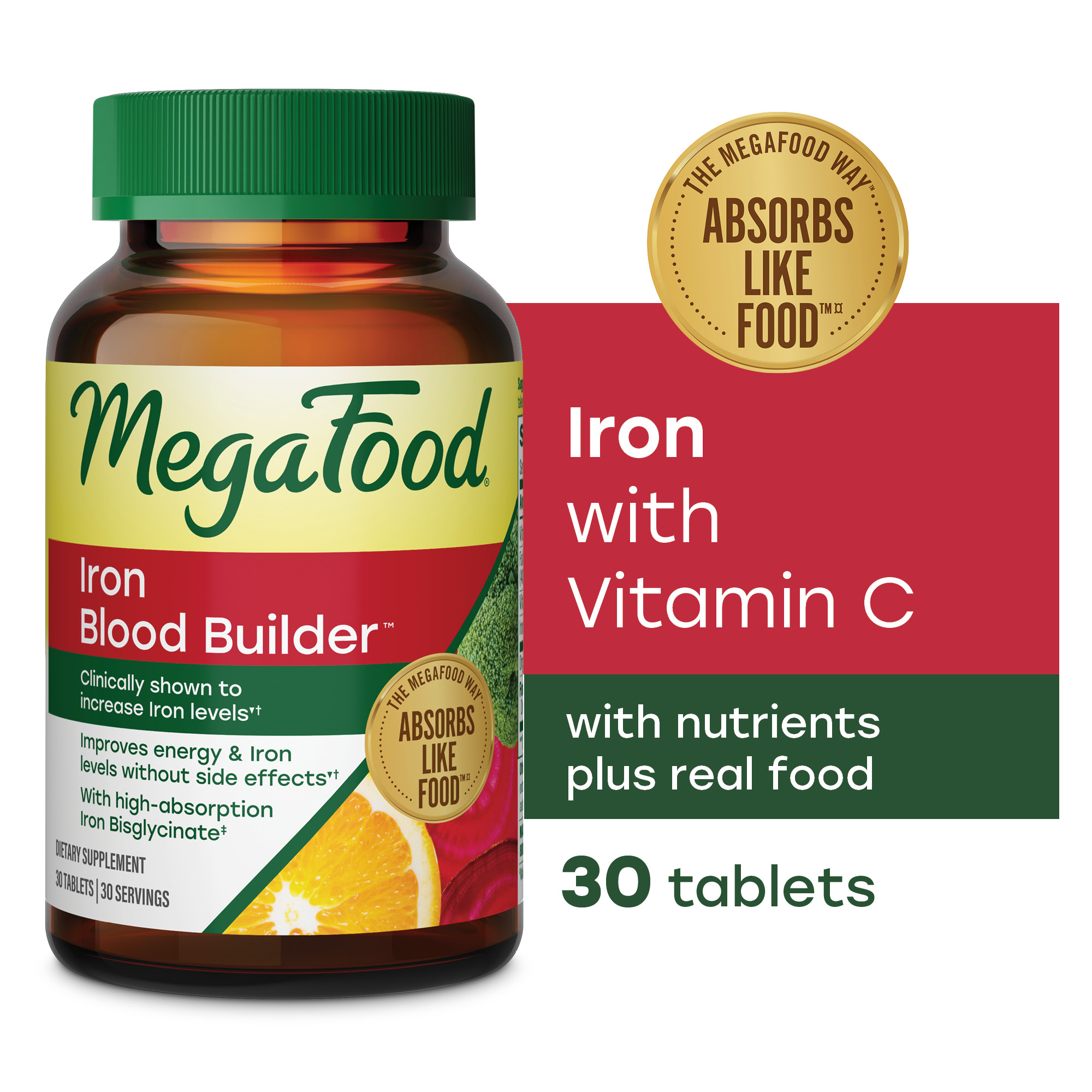 MegaFood Blood Builder Iron Supplement for Women, Vitamin C & B12, Folic Acid, Vegan, Non-GMO, Improves Energy Levels, 30 Tablets, 30 Servings
