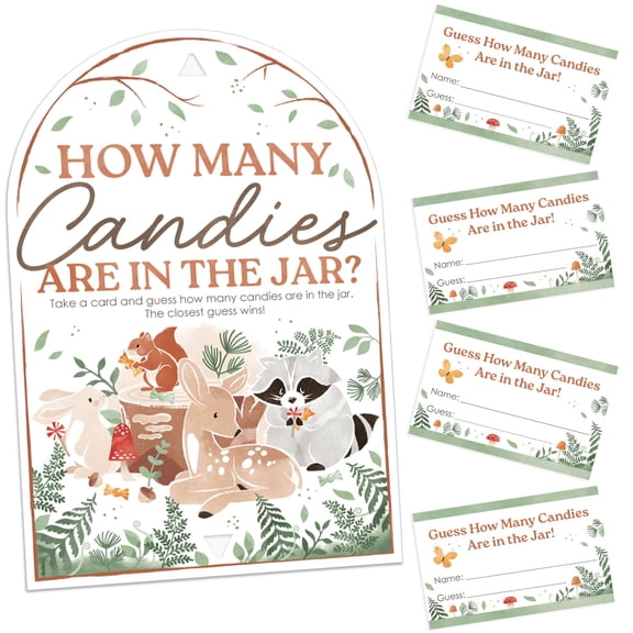 Big Dot of Happiness Woodland Animals Candy Guessing Game, Forest Baby Shower or 1st Birthday Activity, How Many Candies in the Jar Party Game, Includes 1 Stand and 40 Cards