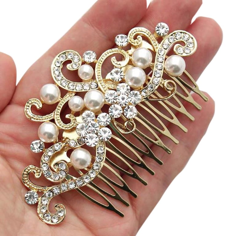 Gold & Rhinestone Bridal Hair Accessory Amazon.com : Latious Wedding Pearl Hair Comb Gold Rhinestone  main image 3