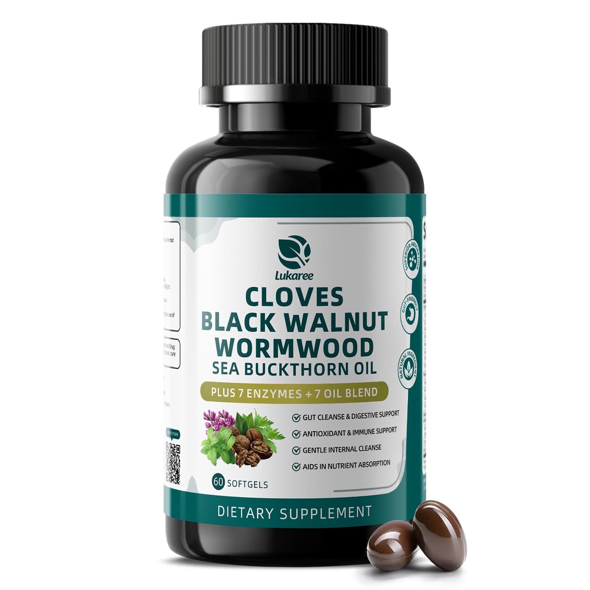 Wormwood Black Walnut Clove Cleanse for Humans Softgels Supplement w/ 7 Oils & 7 Enzymes, 20-in-1 Formula for Gut Cleanse & Digestive Support, 60 Count by Lukaree