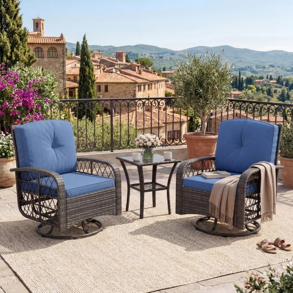 Grey blue cushion 3-piece wicker swivel patio set