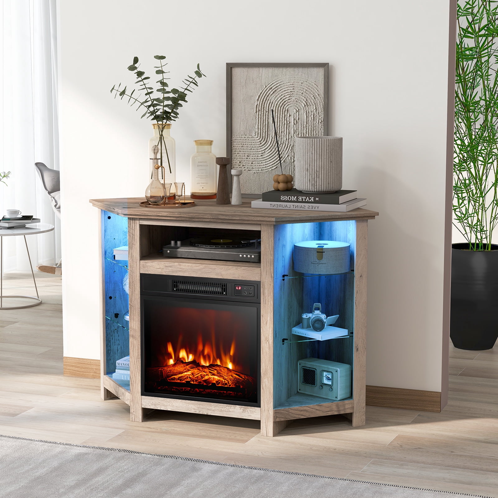 Giantex Corner TV Stand w/Electric Fireplace, Entertainment Center, Media Console Cabinet, Gray