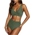thumbnail image 1 of Swimsuit Set for Women, High Waisted V-neck Bandage Style Tight Fit Gathering Design Split Two-Piece, Military Green, Regular Length, Polyester, 1 of 6