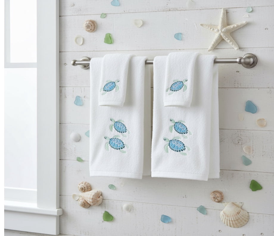 Serafina Home Summer Soft Absorbent Guest Sea Turtle Towels: Bright Aqua Blue Turquoise Embroidery Design Bundle