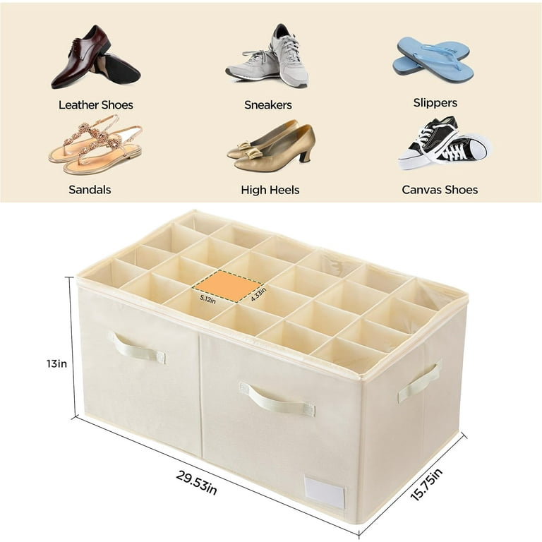 2 Pack Large Shoe Organizers With Clear Covers - Foldable Storage Box Holds 24 Pairs, Beige