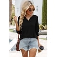 thumbnail image 5 of Camiseta WIHOLL para mujer, manga 3/4, cuello en V, plisada, negra, talla grande, 5 of 5