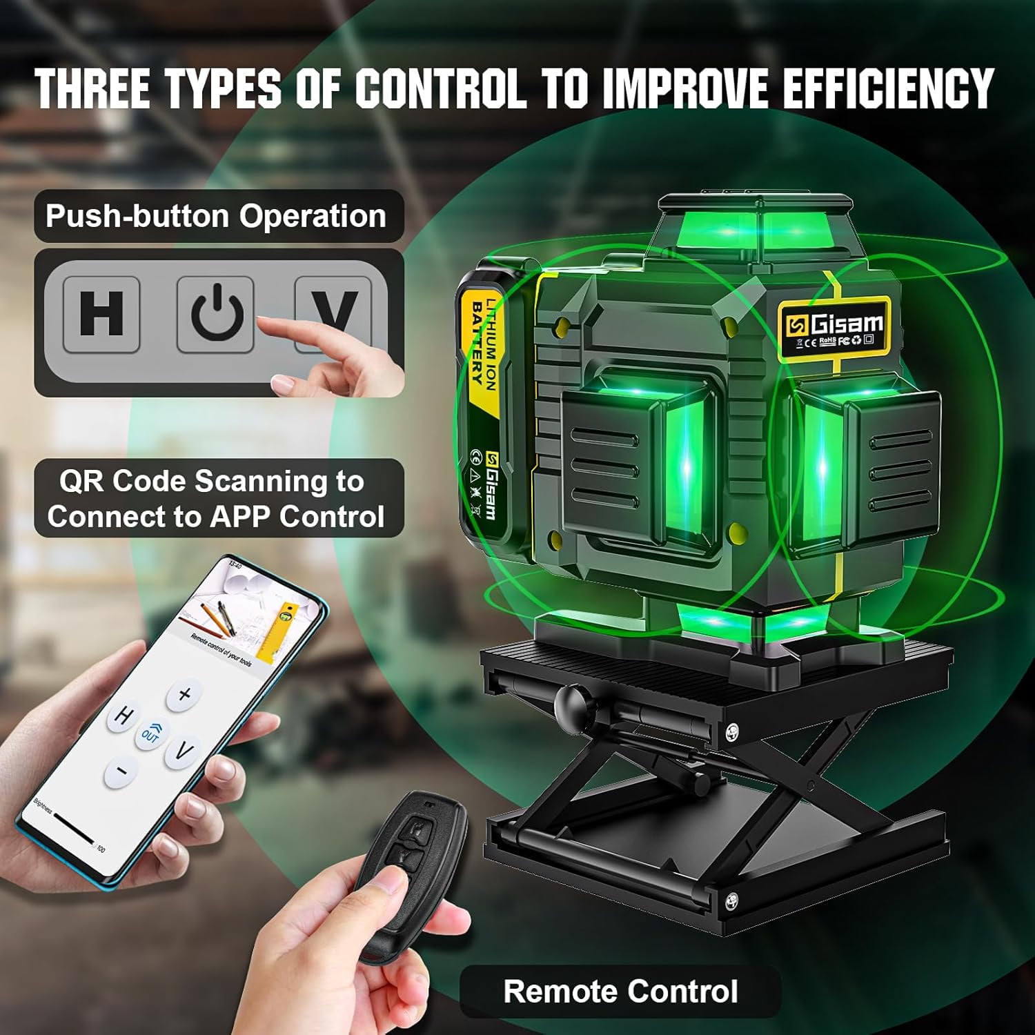 Gisam Laser Level,  4x360° Self-Leveling Green Cross Line 4D 16 Lines Laser  Metal Window Tool with Remote Control , 2* 4800mAh Battery, Magnetic & Liftable Bracket