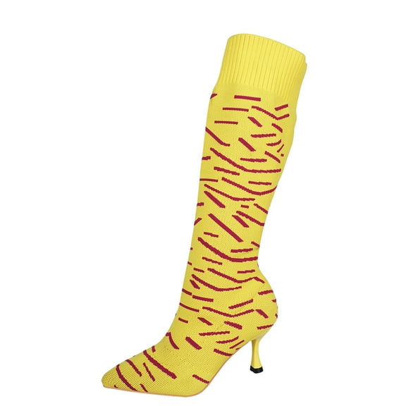 SACFOF Sexy Camo Tall Boots for Women Pointed Toe Stiletto Heel Wide-calf Pull On Cowgirl Boots Stretchy Knit Open Toe High 2.87 Inches Stiletto for Dressy and Everyday