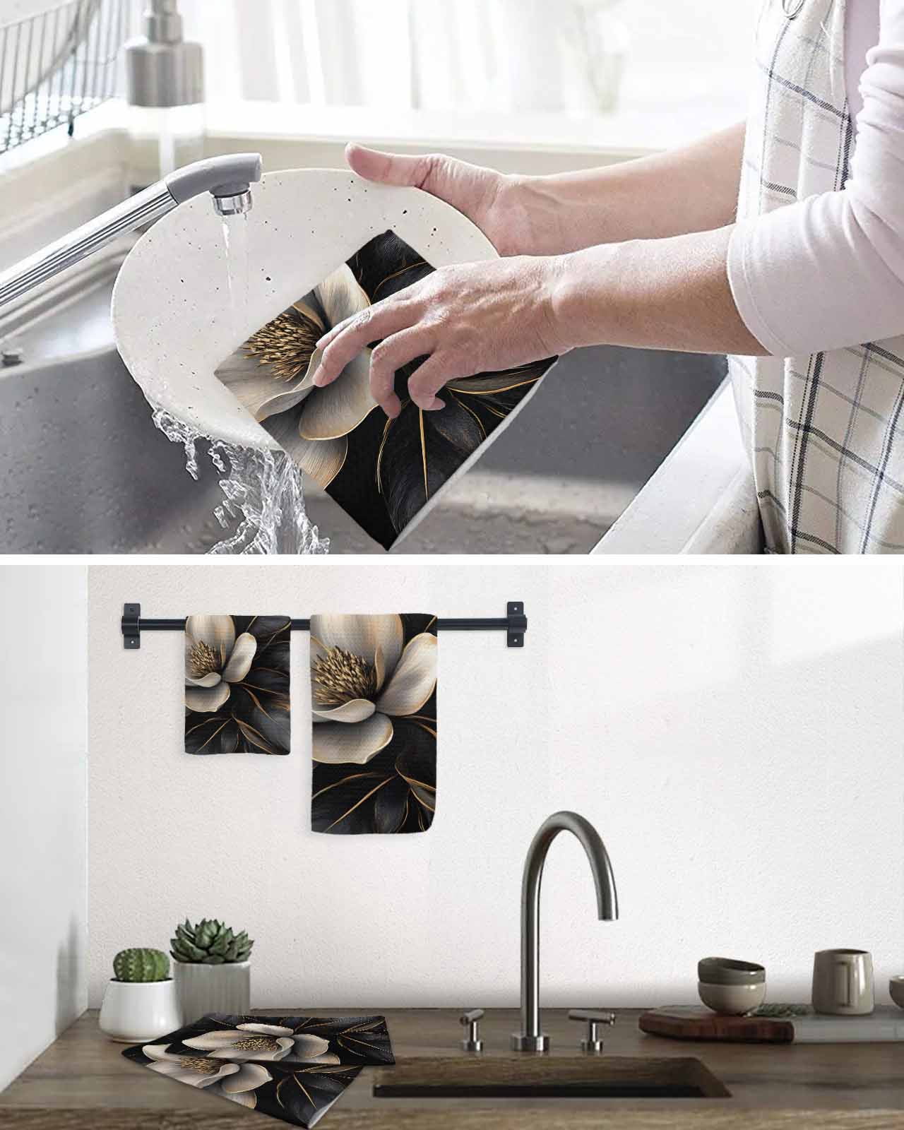Black Gold Flower Hand Towels Set,Waffle Weave Kitchen Towels 2 Pieces,Microfiber Hair Face Bath Tea Towel Absorbent Quick Drying Cleaning Dish Cloths,Gradient Luxurious Floral Botanical 15.7"x23.6"