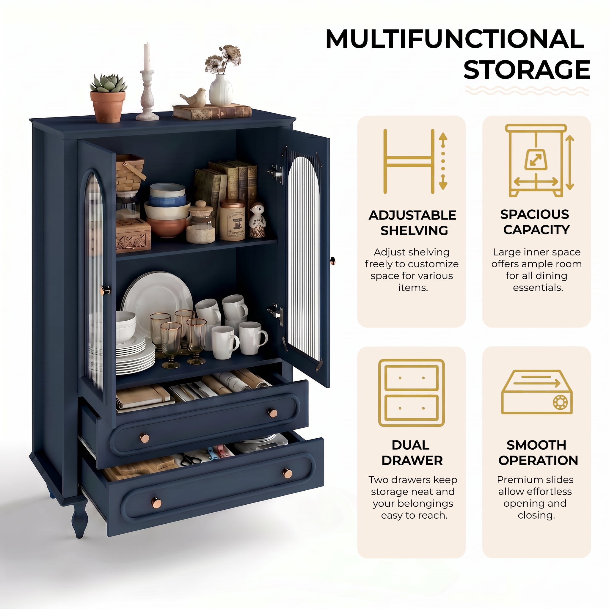 46.5''H Kitchen Buffet Sideboard Cabinet,Farmhouse Glass Display Cabinet with 2 Drawers & Adjustable Shelf,Freestanding Accent Cabinet for Living Room Dining Room,Navy Blue