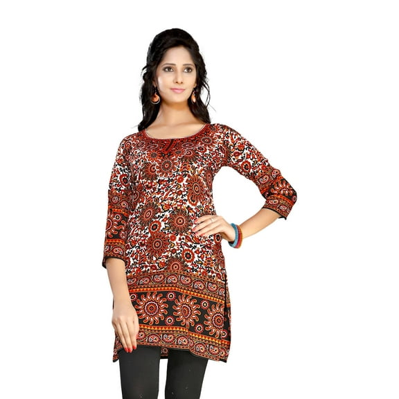 Red 3/4 sleeve Indian Printed  Kurti Tunic Women Kurta-Large