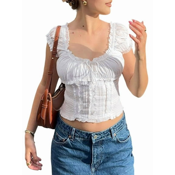Womens Short Sleeve Crop Top with Lace Trim Shirt Boho Tie Front Ruffle Tank Tops White S